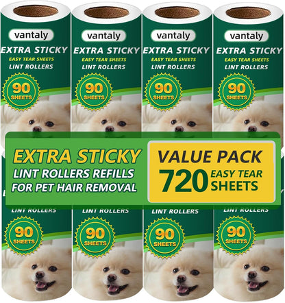 Extra Sticky Lint Roller Refills, 8 Pack with 720 Sheets Total, Pet Hair Remover for Clothes, Car, Furniture (720 Refills)