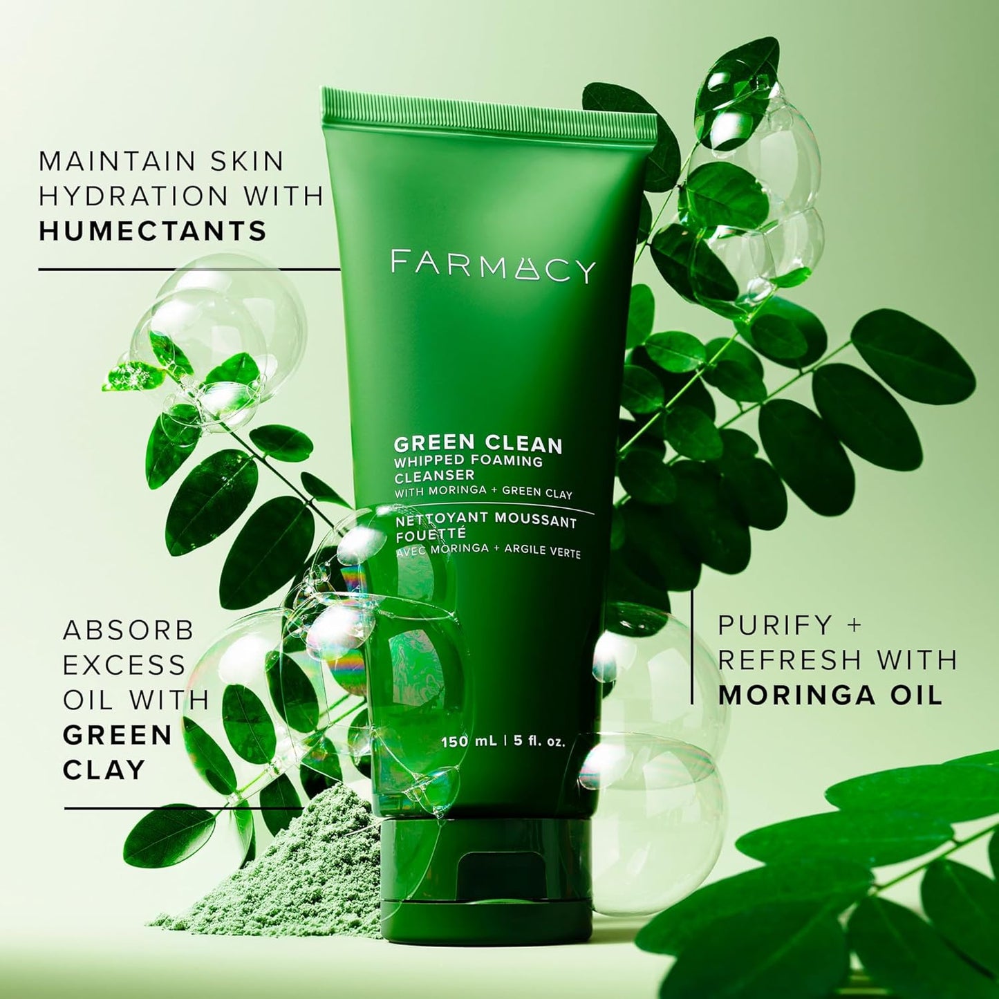 Farmacy Foaming Face Wash for Oily Skin - Whipped Greens Oil-Free Gentle Facial Cleanser + Exfoliator - Infused with Green Clay to Remove Impurities, Control Oil + Maintain Skin Hydration (150ml)
