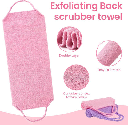 3 Pcs Double-Sided Back Exfoliator Body Scrub Towel, Exfoliating Back Scrubber with Handles,Exfoliating Washcloth Bath Tool in Shower, Stretchable Back Washer to Deep Cleans Skin (Pink)