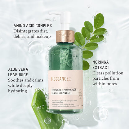 BIOSSANCE Squalane + Amino Aloe Gentle Face Wash – Foaming Facial Cleanser Gel – Hydrating for All Skin Types – Removes Makeup & Deeply Cleans Pores with Moringa Extract – Soothes with Aloe Vera