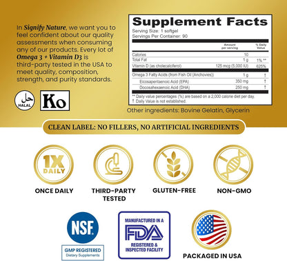 SIGNIFY NATURE Omega 3 Fish Oil Supplement with Vitamin D3 5000 IU - 1000mg Triglyceride Capsules for Brain Health - Omega3 EPA DHA + VIT D 3-90CT