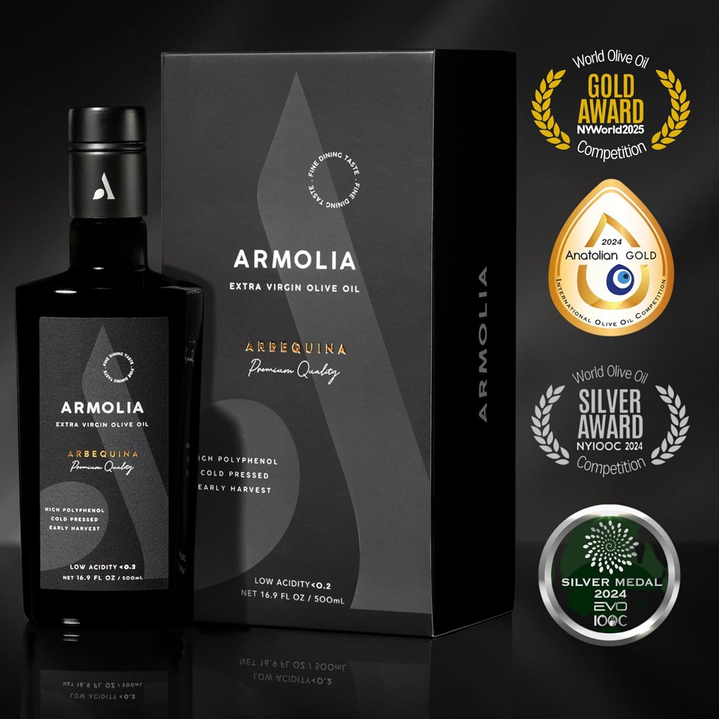 ARMOLIA Pure Olive Oil Extra Virgin Cold Pressed Glass Bottle, EVOO 2025 Gold Award Winner Drinking Polyphenol Rich Olive Oil Early Harvest, High Polyphenol (<400 mg/kg) Low-Acidity (0.14%), Hand Picked (500ml)