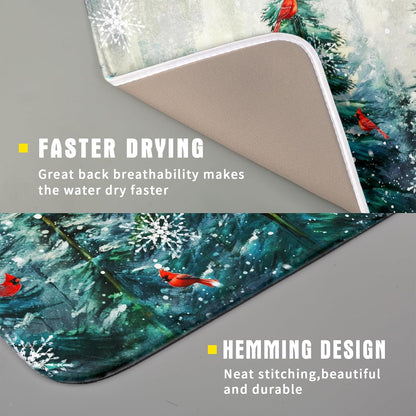 Pine Tree Dish Drying Mat for Kitchen Countertop Red Bird Dishes Mats Winter Decorative Absorbent Reversible Drainer Rack Pad 16x18 Inch