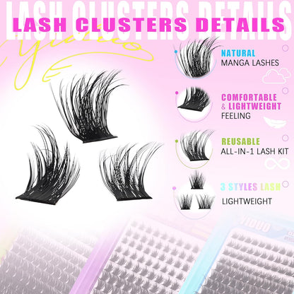 3 Styles Lash Clusters Kit Bulk Packs with 2×Bond&Seal Volume/Manga/ultra/Dramatic Eyelash Extensions 8-18mm lashes Clusters Kit Wispy D Curl Individual Fake Eyelashes Kit DIY at Home Easily