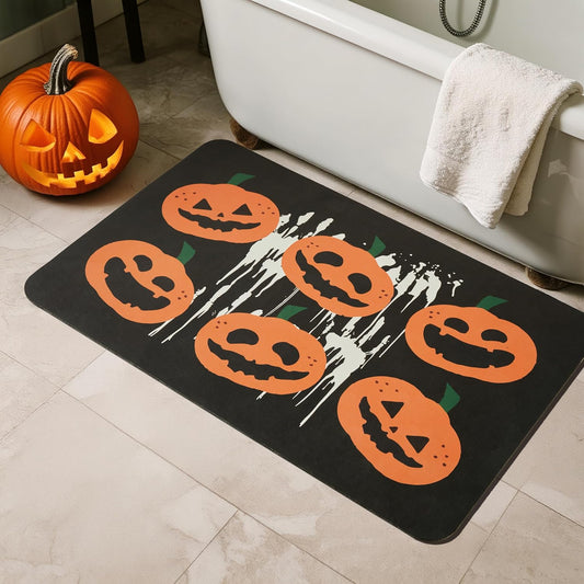Halloween Bath Mat, Thin Halloween Bathroom Rug Non-Slip Quick Dry Pumpkin Bath Mat Fits Under Door Thin Floor Mat Halloween Decor, 17’’x30‘’, Pumpkins Black