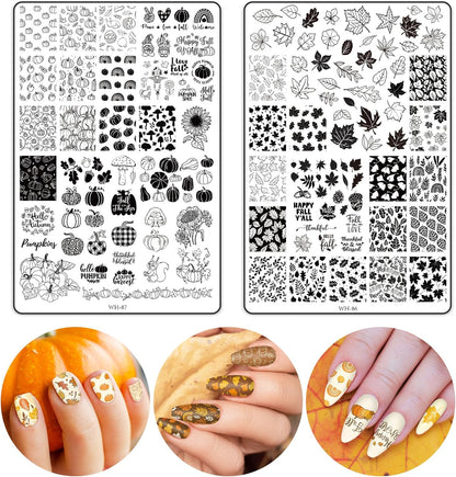 2 Sheet Fall Thanksgiving Nail Art Stamping Plate Kit Assorted Pumpkins Maple Leaves Autumn Blessing Collection Nail Art Plate for Holiday DIY Print Manicure Salon, 5.7 x 3.7inch