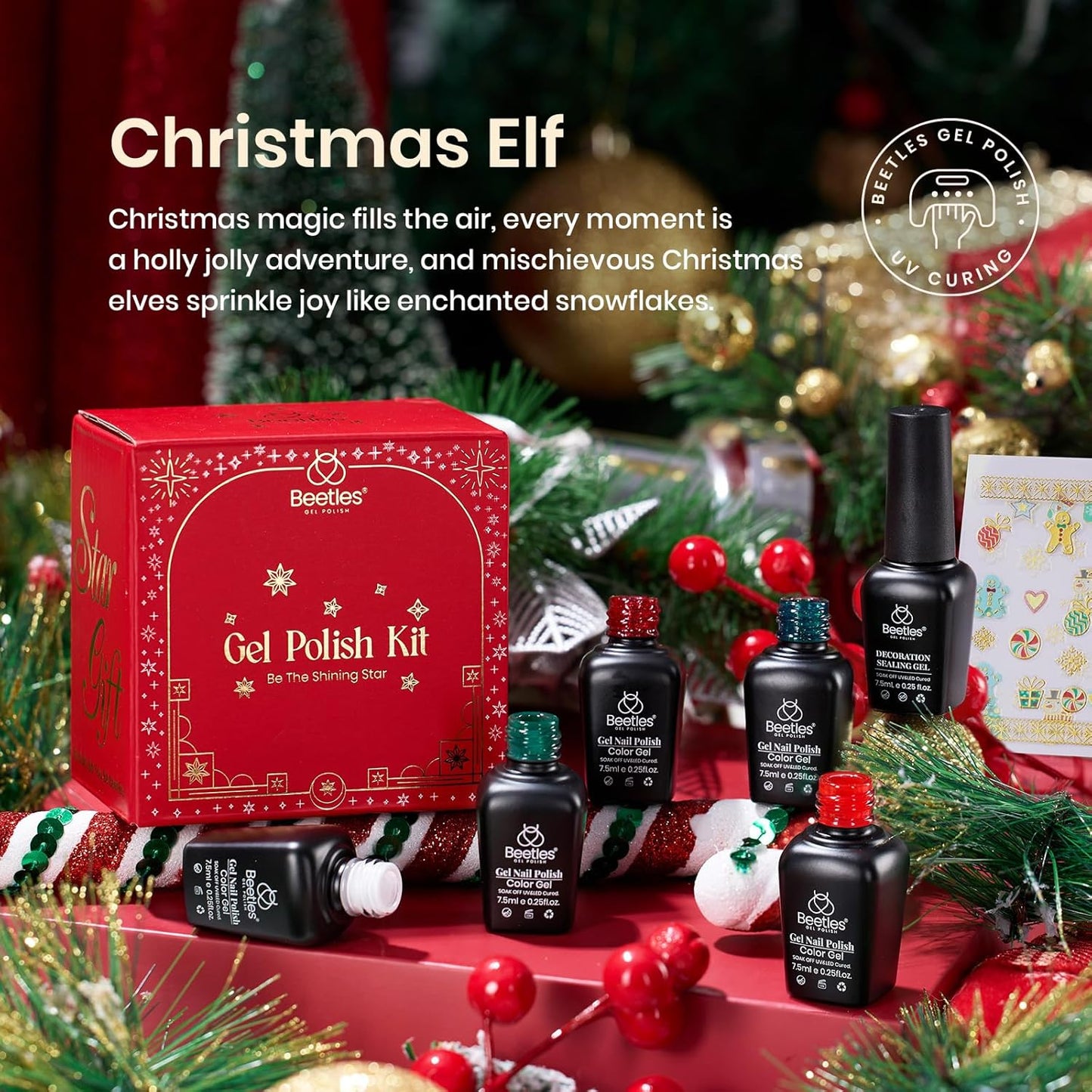 Beetles Green Gel Nail Polish Set, Sparkle Red Green Gel Polish Kit Soak Off UV LED Gel Nail Kit Manicure Gift with Nail Strengthener Gel