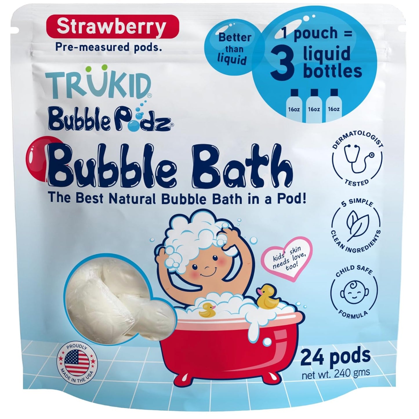 TruKid Bubble Podz Bubble Bath for Kids, Toddlers, & Babies, Tear Free Gentle & Refreshing Bath Bomb for Sensitive Skin with Natural Moisturizers, Non-Toxic, pH Balanced, Strawberry Scent (24 Podz)