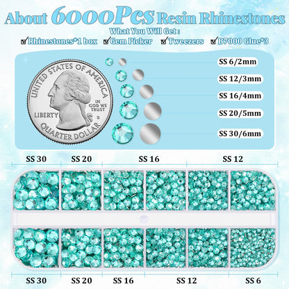 6000Pcs Resin Rhinestones for Bedazzling with 3Pcs B7000 Jewelry Glue, 1 Box Aquamarine Flatback Rhinestones for Crafting Crafts DIY, Crystals Gems for Clothing Shoes Tumblers Nail Art Makeup