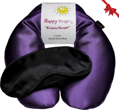 Microwavable Herbal Neck Wrap - Hot Cold Aromatherapy Neck Warming Pillow - Heating Pad for Migraines, Stress, Gifts for Women, Birthdays, Christmas and Free Sleep Mask - Amethyst Satin