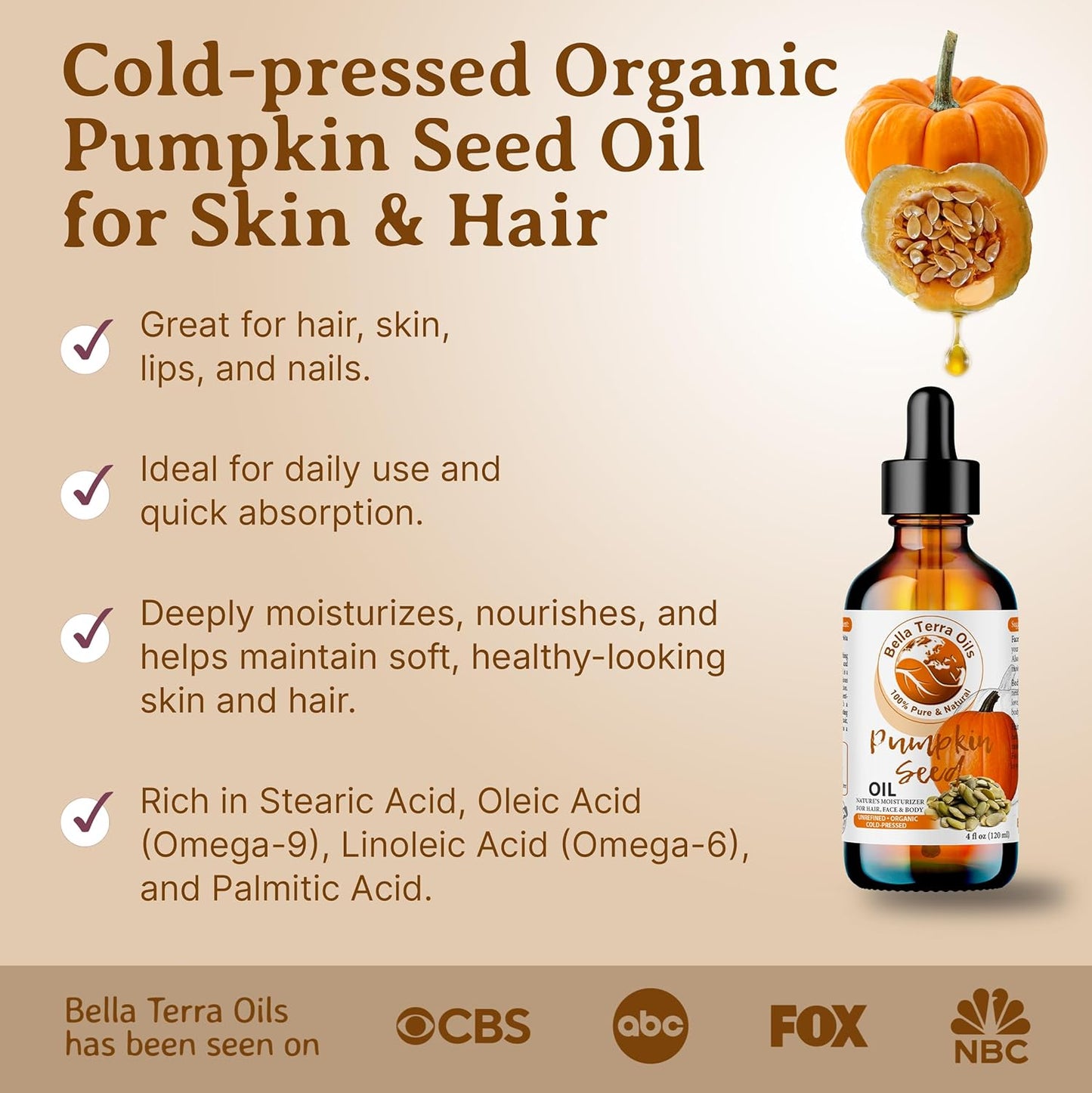 Bella Terra Oils - Organic Pumpkin Seed Oil 4oz - A Rendezvous with Organic Pumpkin's Nutritional Delight, Abundant in Vitamin C & E, The Epitome of Skin Purity
