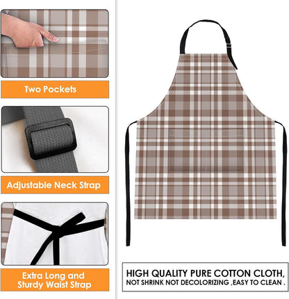 Britimes 2 Pack Aprons, Plaid Check Tartan Adjustable Bib Aprons with 2 Pockets for Women Men Couple Lovers Chef Home Kitchen Cooking Baking Gardening Champagne Khaki Brown Apron 32x28 Inches