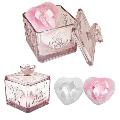 Body Powder Puff and Container - Glass Dusting Powder Container with 2 Soft Puffs – Vintage Powder Puff Case for Women & Girls (3.74x3.74x4.53 H IN)- GRB013-Pink