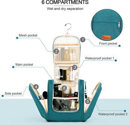 Hanging Travel Toiletry Bag for Women and Men, 6 Organizer Compartments, Large Toiletries essentials, Bathroom Cosmetic Accessories, Water-resistant Makeup Bag, Holds Full-Size Shampoo, Blue