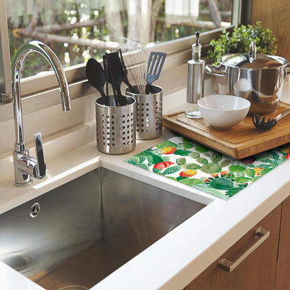 Green Cactus Dish Drying Mat, Tropical Plant Drying Rack Pad Countertop Dishes Ultra Absorbent Microfiber Kitchen Counter Mat for Coffee Countertop Decor 18x24 Inch