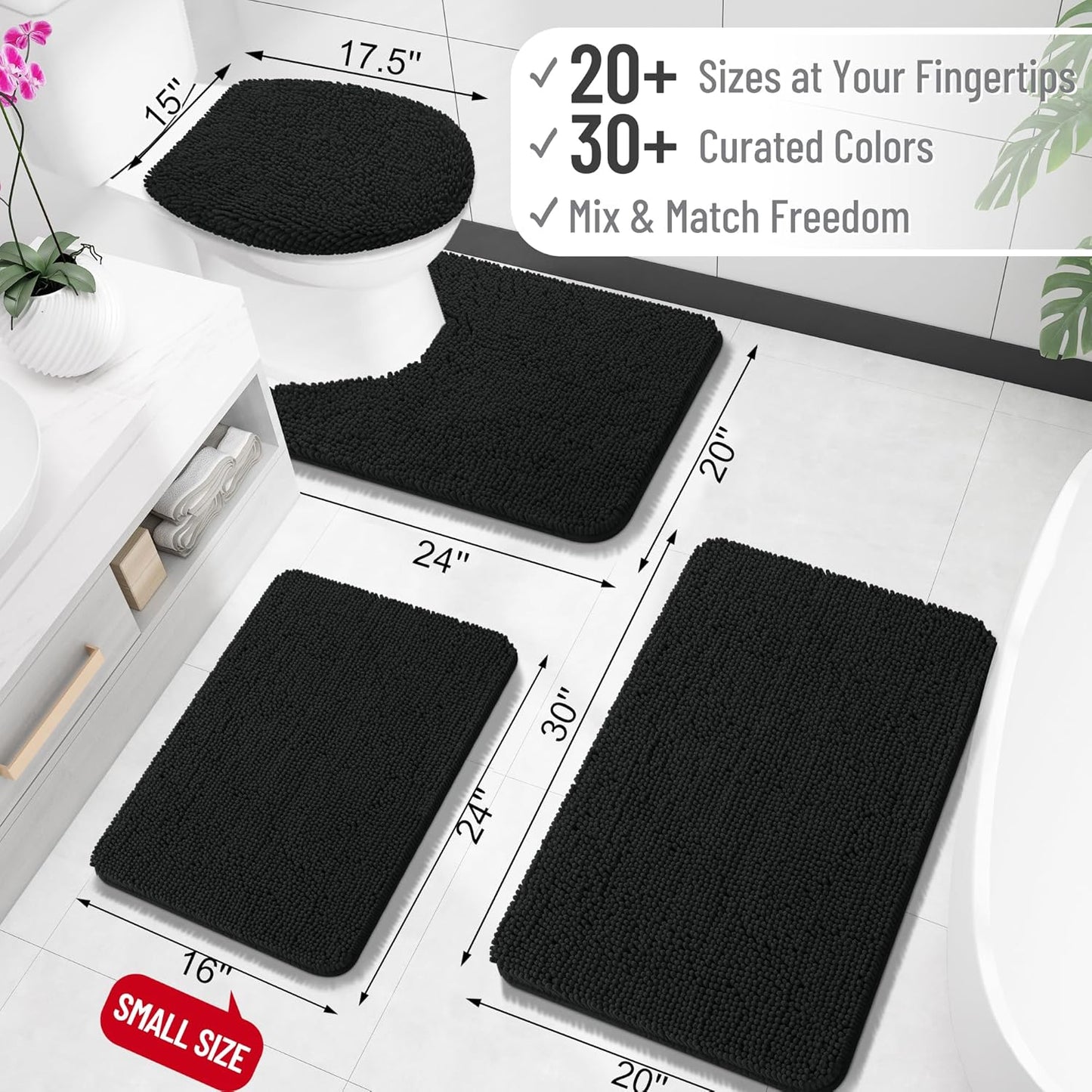 OLANLY Bathroom Rugs 34x21, Extra Soft Absorbent Chenille Bath Rugs, Rubber Backing Quick Dry, Machine Washable Bath Mats for Bathroom Floor, Tub and Shower, Home Decor Accessories, Black