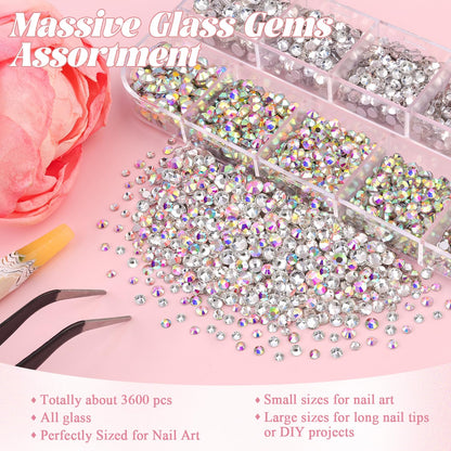 3600pcs Glass AB and Transparent White Nail Rhinestones 6 Sizes(1.8/2/2.4/2.8/3/4mm) Flatback Crystal Nail Charms Jewels Decoration for Nail Art and Crafting, Tweezer and Pickup Pen included