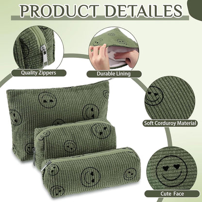 3 Pcs Makeup Bag Set for Women Corduroy Cosmetic Pouch Aesthetic Smile Travel Toiletry Bag Cute Purse Pouch Pencil Case Makeup Brushes Storage Organizer for Christmas(Army Green,Smile Face)