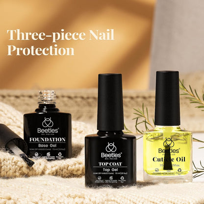 Beetles Gel Top Coat Base Coat and Cuticle Oil Set 3Pcs, No Wipe Top Gel Glossy Shine Long Lasting, Cuticle Oil Care for Dry Damaged for Stronger Nails