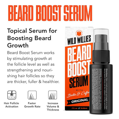 Wild Willies Beard Growth Kit - Capsules & Boost Serum - Natural Growth Oil With Biotin & Caffeine - Vitamins for Fuller, Thicker Beard - 60 Capsules - For Men