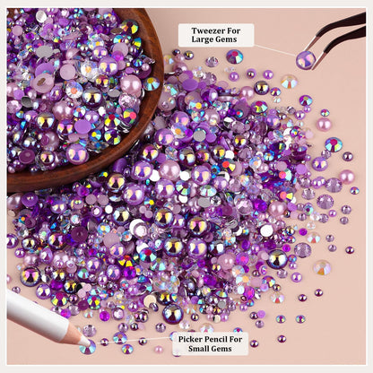 9000PCS Flatback Pearls and Rhinestones for Crafting, Purple Mixed Size 3-10mm Resin Rhinestones and Half Pearls for Bedazzling, Nail Art and Decoration with Tweezer and Pickup Pencil