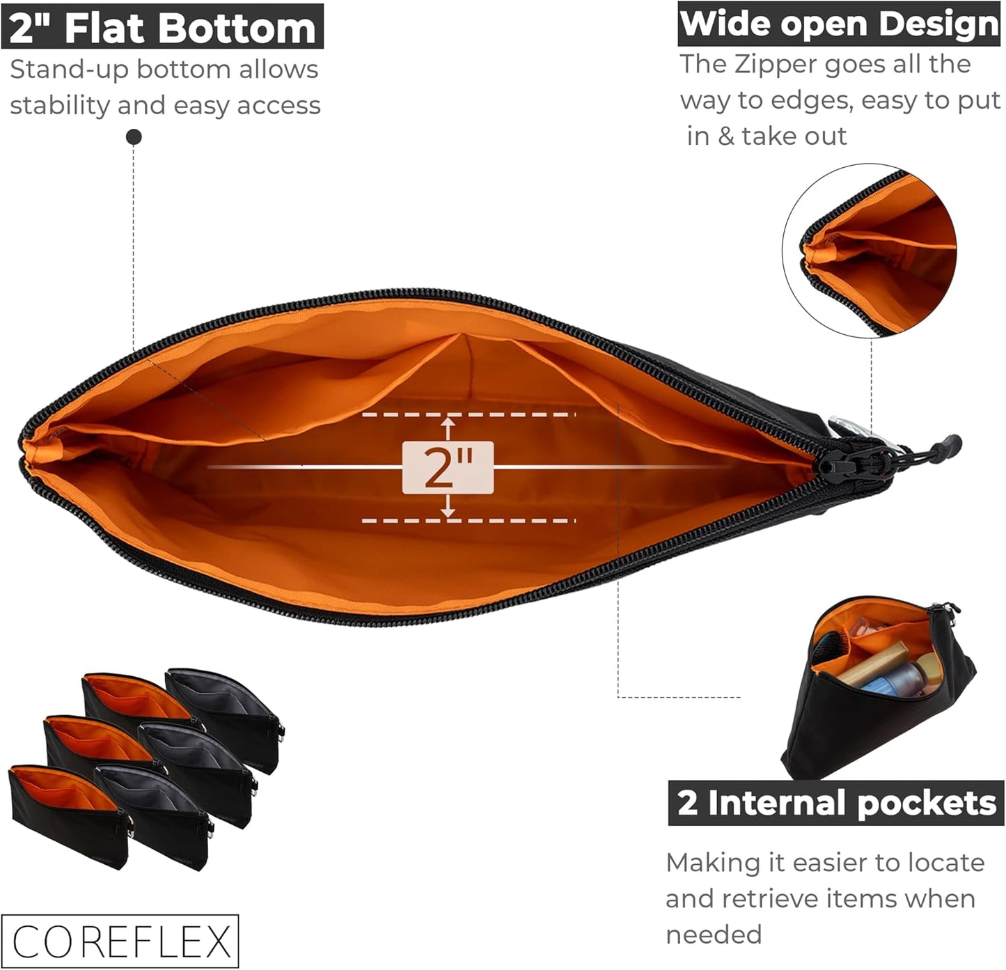 COREFLEX Premium Tool Pouch Zipper Bag, Small Tool Bag, Multipurpose Storage pouch, Heavy duty Flat Bottom Tool bag with YKK Zipper (6 pack Large 12inch Black)