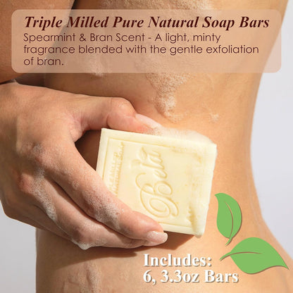 BELA Spearmint and Bran Soap 3.3 OZ (Pack of 6)- French Triple Milled Bar Soap with Organic Shea Butter, Hand, Face and Body Wash Bar, Made in Australia