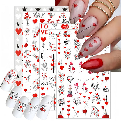 6 Sheets Valentine's Nail Stickers 3D Self-Adhesive Red Couple Balloon Pattern Stickers Romantic Design for Women Girls Valentine's Nail Art Decoration
