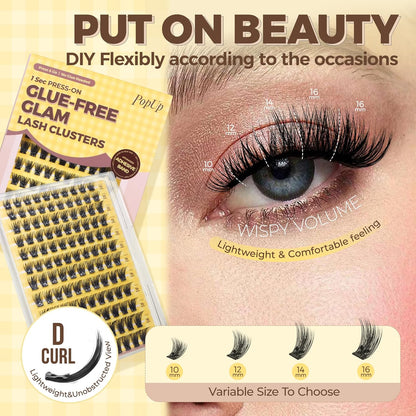 PopUp Self Adhesive Eyelashes Clusters, Press On Lashes Pre Glued Eyelash Extension Kit with Lash Tweezer,10-16mm No Glue No Remover Needed Self Adhesive Lashes Clusters NM03-D