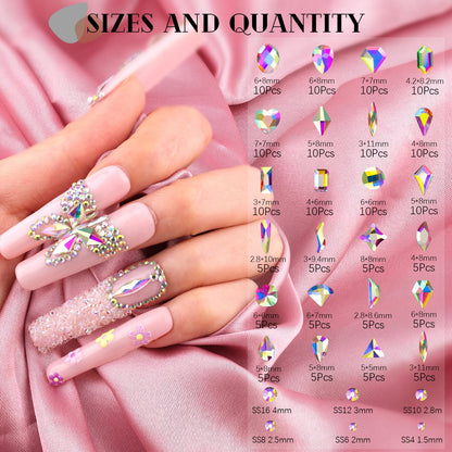 1680Pcs AB Glass Nail Rhinestones 180Pcs Multi Shapes Flatback Nail Gems + 1500Pcs 1.5-4mm Round Crystal, Manicure Nail Charms Diamond Gemstones for Acrylic Nails Decoration