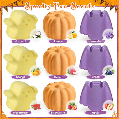 9 Pack Halloween Bath Bombs for Kids, Halloween Bubble Kids Bath Bombs with Surprise Toy Inside, Halloween Treat Bags Gifts for Kids Girls Boys