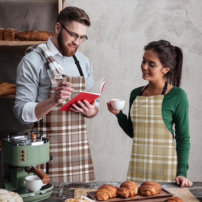 Britimes 2 Pack Aprons, Plaid Check Tartan Adjustable Bib Aprons with 2 Pockets for Women Men Couple Lovers Chef Home Kitchen Cooking Baking Gardening Champagne Khaki Brown Apron 32x28 Inches