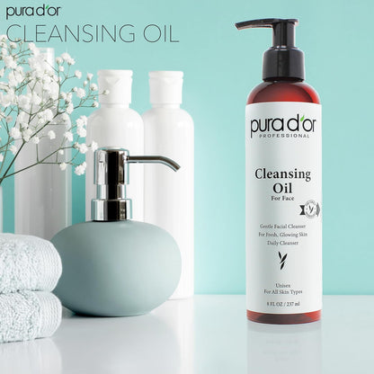 PURA D'OR Facial Cleansing Oil (8 Oz x2 = 16 Oz) Nourishing Botanical Blend with & Vitamin, Jojoba and Sunflower Oil - Gentle Makeup Remover & Deep Cleanser For Healthy, Glowing Skin - Paraben-Free