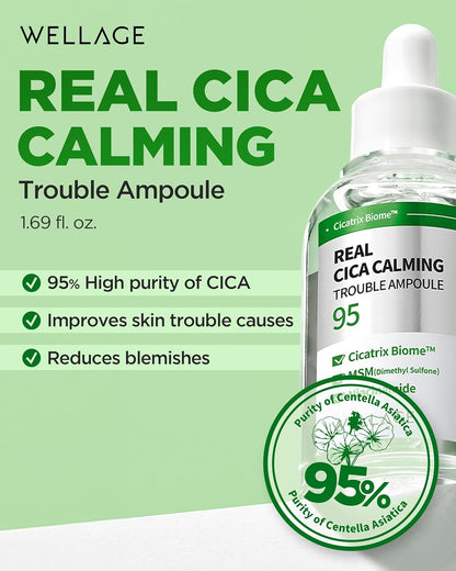 WELLAGE Real Cica Calming Trouble Ampoule - Korean Skincare Soothing Serum, Madecassoside Centella Asiatica Panthenol Niacinamide, Relief Redness, Sebum Control, Improves Blemishes, 1.69 fl.oz.
