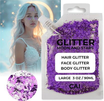 Face, Body & Hair Glitter Gel – Halloween Glitter for Kids and Women – 3 Oz Cosmetic-Grade Gel w/Moon & Stars for Festivals & Halloween Party, Easy Apply & Wash Off - Violet 1Pack