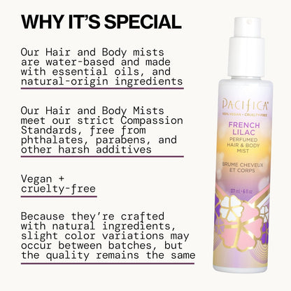Pacifica French Lilac Perfumed Hair & Body Mist, Alcohol-Free Spray Designed For Head-To-Toe Wear, Vegan & Cruelty-Free, 6 Fl Oz