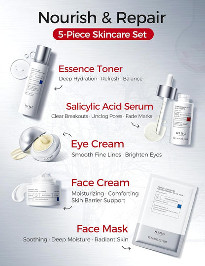 Skin Care Set – Tembusu Essence 8-Step Routine with Amino Cleanser Clay Mask Toner Salicylic Acid Serum Cream Eye Treatment – Hydrating Moisturizing Anti-Aging All Skin Types