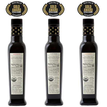 Entimio Collection +600 to +900 mg/kg Organic Extra Virgin Olive Oil Set, New 2024-2025 Early Harvest Italian Olive Oil from Italy, 2025 Gold Winner, Cold Extracted, Lab Tested - 25.5 (3 x 8.5) fl oz
