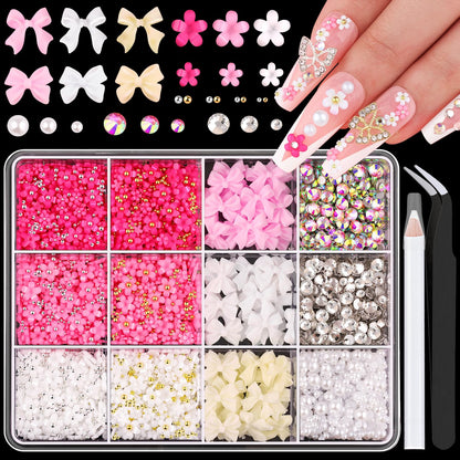3D Nail Charms and Gems Set 5, 75PCS Chunky Coquette Pink and White Bow Nail Charms + Kawaii Cute 3D Flowers for Nails + Clear and AB Glass Rhinestones + Flatback Pearls for Y2K Acrylic Nail Design