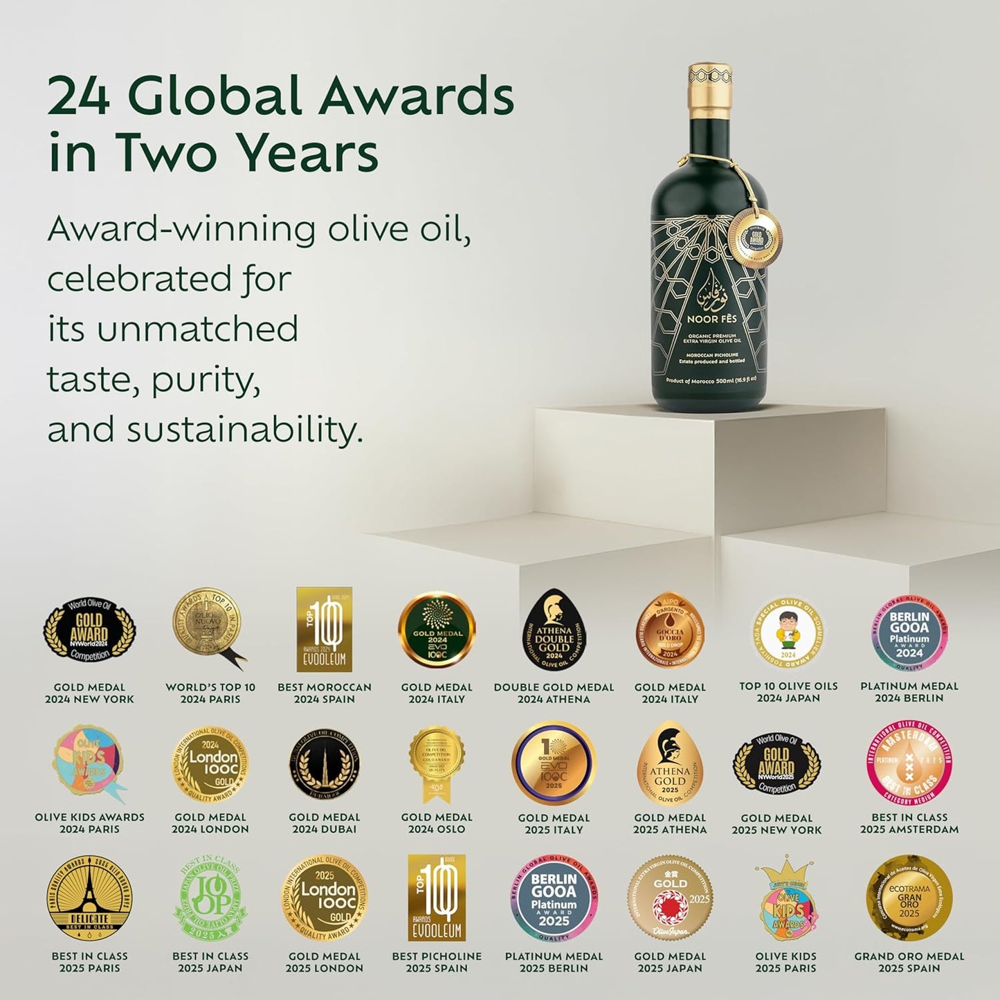 NOOR FÈS USDA Organic | 20+ Awards 584 mg/kg Polyphenol Rich | Premium Extra Virgin Olive Oil | Moroccan Cold Pressed EVOO | Less than 0.15% Acidity | Handpicked Picholine Olives | Pack of 2