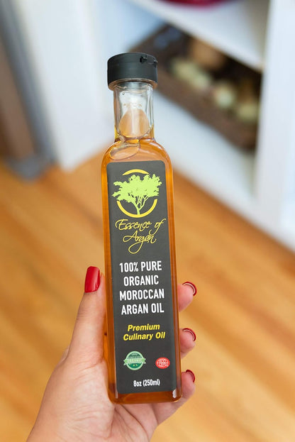 Essence of Argan Organic Moroccan Argan Oil for Cooking 8 Ounces - USDA Approved, Eco-Certified Organic Argan Oil with Rich Nutrients - Premium Culinary Oil & Keto Dressing with Toasted Nutty Flavor