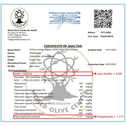 Entimio Intenso +900 mg/kg Polyphenol Rich Organic Extra Virgin Olive Oil, New 2024-2025 Early Harvest Italian Olive Oil from Puglia, Italy, 2025 Gold Winner, Cold Extracted, Lab Tested - 16.9 fl oz