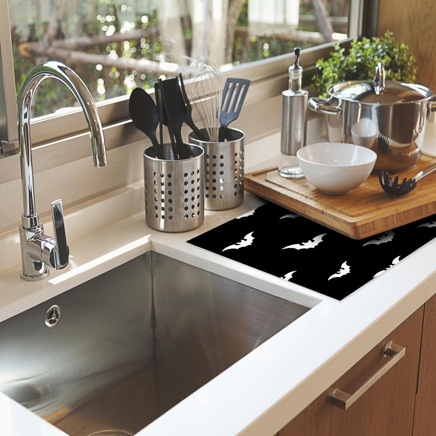 Halloween Black White Dish Drying Mats 18x24 Inch,Halloween Bats Dish Pad Drying Rack Mat for Kitchen Counter Ultra Absorbent Microfiber Dishware Coffee Maker Bar Countertop Decor