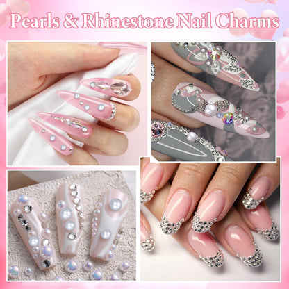 3D Nail Charms and Gems, Mix Flower Bow Heart Colorful Acrylic Nail Art Charms, Mix Nail Pearl Rhinestones and Caviar Beads for Nails, Cute Hollow Pearls Jewelry for Art Design DIY Crafts