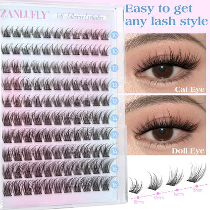 Self Adhesive Eyelashes Natural Self Adhesive Lash Clusters Pre glued Eyelash Clusters zanlufly No Glue Needed Lashes Wispy C-curly Cluster Eyelash extensions 10-16MM Individual Lashes