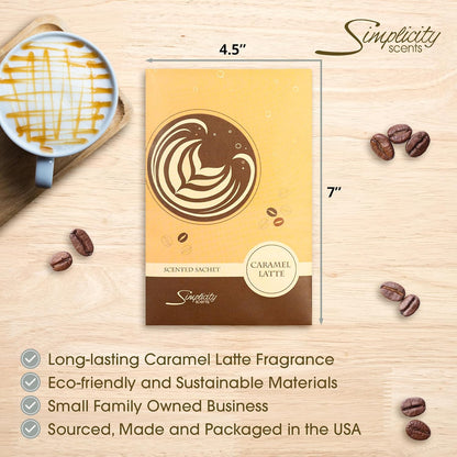 Floral Simplicity Caramel Latte Scented Sachets Pack of 3, Fall & Winter - Long-Lasting Scented Bags, Home Fragrance, Air Freshener & Deodorizer for Closet, Room, Drawer, or Cars, Made in The USA