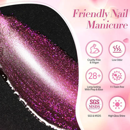 BORN PRETTY Cat Magnetic Eye Gel Nail Polish, Pink Glitter Cat Magnetic Gel Nail Polish, Midnight Rose Magnetic Nail Polish for Nail Art Manicure Salon DIY at Home 15ML