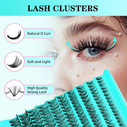 Lash Clusters Kit 200PCS 50D Eyelash Extension Kit D Curl Wispy Eyelash Clusters DIY Natural Individual Lashes Kits Lashes Extensions Kit with Lash Bond and Remover Eyelash Tweezer at Home