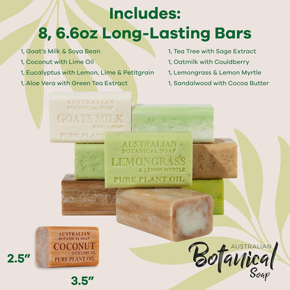 Australian Botanical Goat Milk Soap, 6.6 OZ Bars Eucalyptus, Sandalwood, Coconut, Oat Milk, Aloe Vera, Lemongrass, and Tea Tree, Goat Soap Enriched with Organic Shea Butter, Variety Pack of 8
