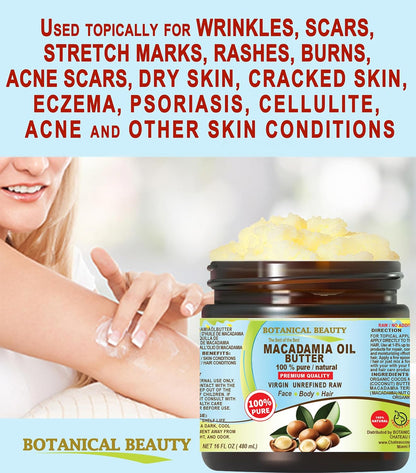Botanical Beauty MACADAMIA OIL BUTTER 100% Pure Natural VIRGIN UNREFINED Cold-Pressed for Face, Skin, Body, Hair, Lip, Nails. Rich in Vitamin E, Omega 3, Omega 6 (8 Fl Oz)